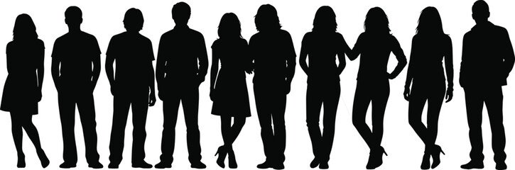 Diverse Group of People Silhouettes Set Featuring Men and Women in Casual Outfits Standing Together as a Community Team Isolated on Plain White Background