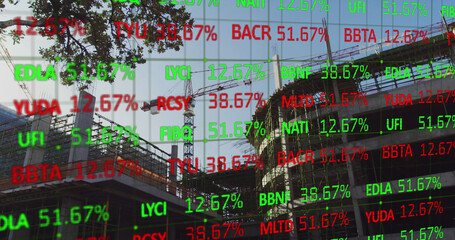 Financial data over building site.