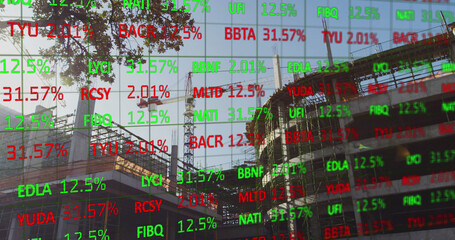 Financial data over building site.