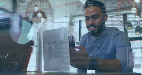 Image of financial data processing over businessman using smartphone