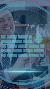 Vertical video: Team toasting with wine glasses, sparking cyber HUD scanning and firewall framing