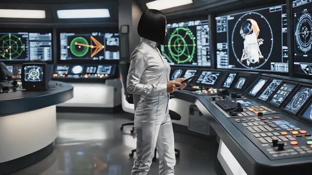 Asian Woman Walking Futuristic Technology Control Room