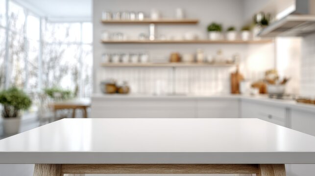 A clean white table surface with a blurred kitchen background, empty center for food product placement
