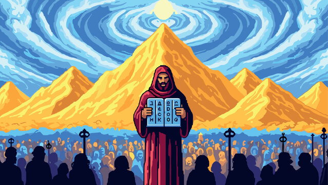 Moses with tablets surrounded by crowd in vibrant pixel art desert scene