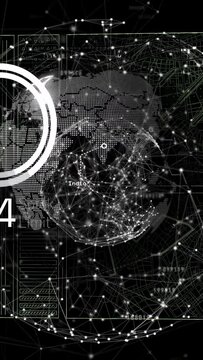 Vertical video: System booting causing globe rotating, map emerging, rings updating to show network