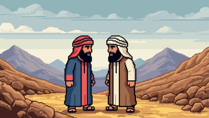 Pixel art meeting in desert landscape with mountain view