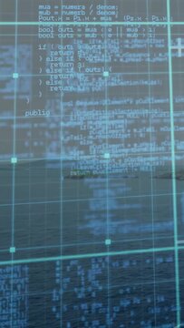 Vertical video: on load cyan grid and code scrolling down, revealing island and showing network