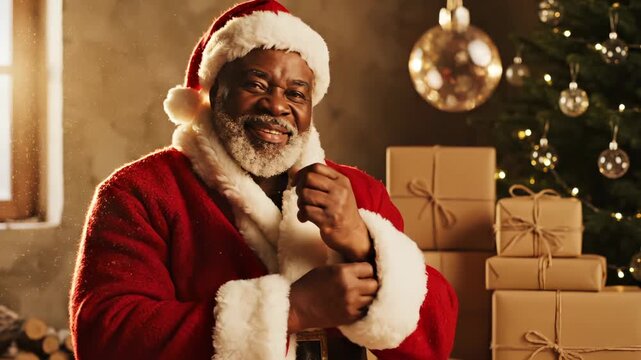 Santa claus smiles near christmas tree with gift boxes stacked behind. Man wearing santa costume sits with holiday gifts. Santa celebrates christmas with tree and presents. Holiday gifts near santa.