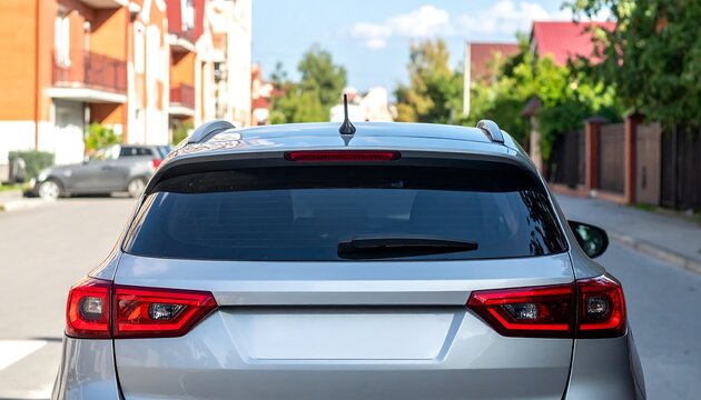 Rear view of a silver SUV parked on a suburban street.