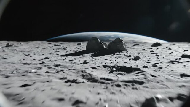 Lunar Surface Rocks Earth Horizon Space Background Perspective View Motion