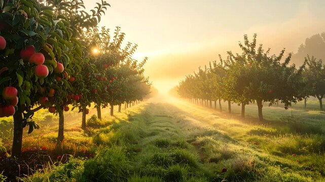 Orchard with rows of apple trees in morning light and mist