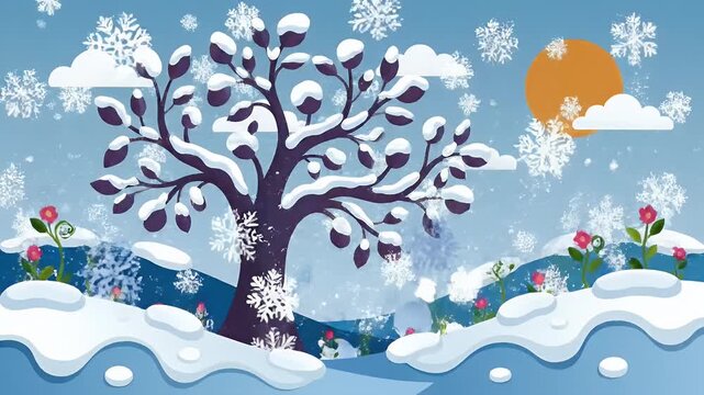 Vibrant cartoon tree with flowers and fruit in a sunny landscape