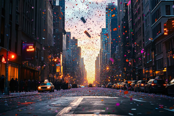 Obraz premium Colorful confetti falling in a city street at twilight with illuminated buildings and cars