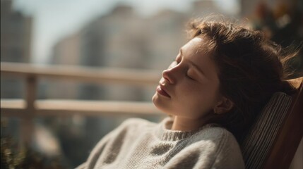 Fototapeta premium Young woman sitting on a wooden chair with her eyes closed and her head resting on the armrest. she is wearing a beige sweater and appears to be relaxed and enjoying the view of the city.