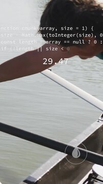 Vertical video: Tech HUD appearing, senior woman reaching from boat toward weight, checking water