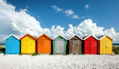 Vibrant beach huts line a sandy shore under a bright blue sky with fluffy clouds