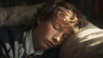 Obraz premium Close-up portrait of a young boy sleeping on a couch. he appears to be in his late teens or early twenties, with curly blonde hair and a serious expression on his face.