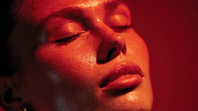 Calm woman with radiant complexion. Tranquil female expression showcasing soft red luminous highlights. Peaceful woman with luminous skin tone and closed eyes emitting warm red light