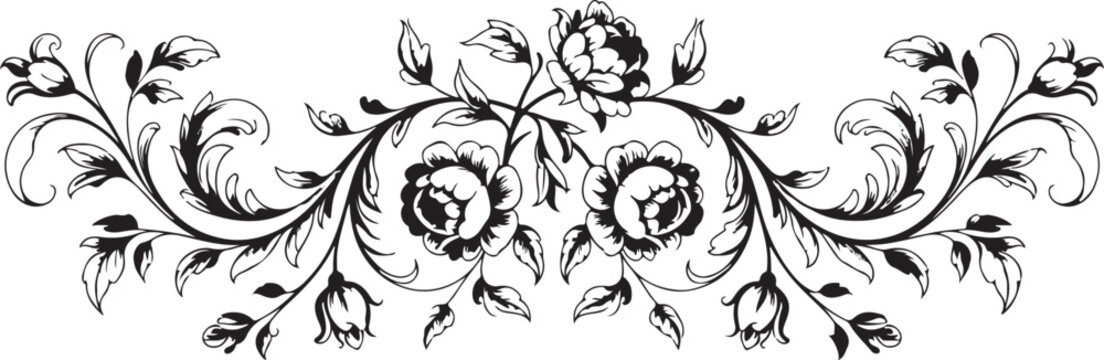 Intricate Black Silhouette of Blooming Roses and Scrolling Vines, Vintage Floral Design Element