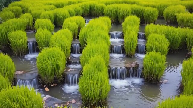 Rice Field Clumps in Watering Paddies During Bright Day