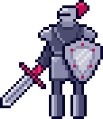 Fototapeta premium Pixel art knight standing with sword and shield