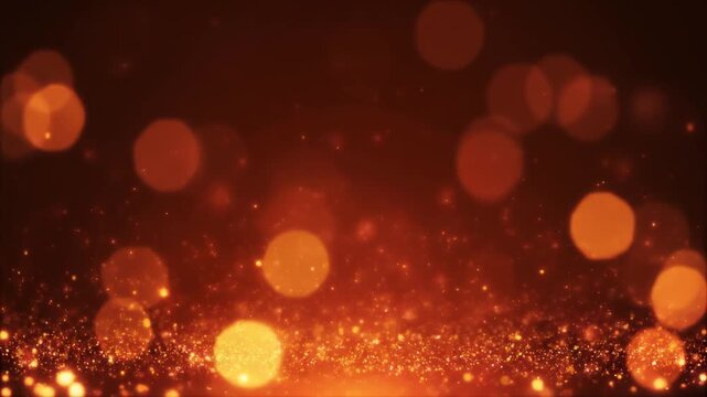 Glowing orange bokeh lights on a dark background with sparkling particles.