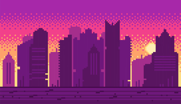 Pixel art city skyline at vibrant pink sunset