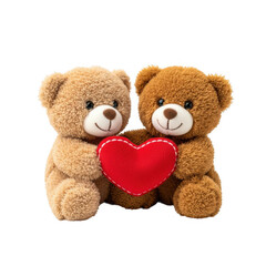 Two teddy bears holding a red heart ideal for valentines on transparent background