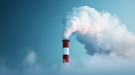 A striking red and white chimney emitting white smoke against a clear blue sky illustrates industrial activity and its environmental impact on our planet. Breathe in clean air.