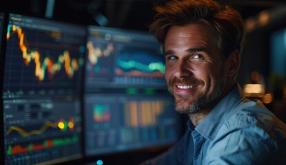 Obraz premium Smiling man with beard sits before multiple glowing financial data screens