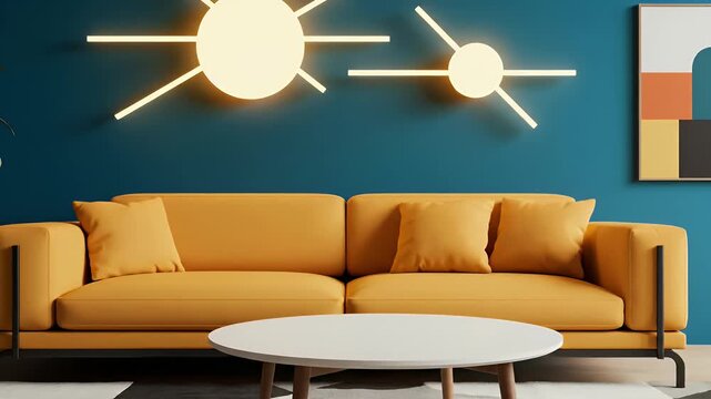Vibrant modern living room with yellow sofa and abstract wall art
