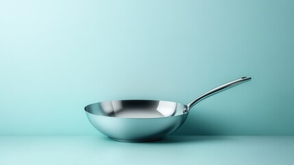 Fototapeta premium A high-quality stainless steel frying pan sits elegantly on a smooth surface, exemplifying modern cookware design, durability, and culinary versatility in a contemporary kitchen setting.