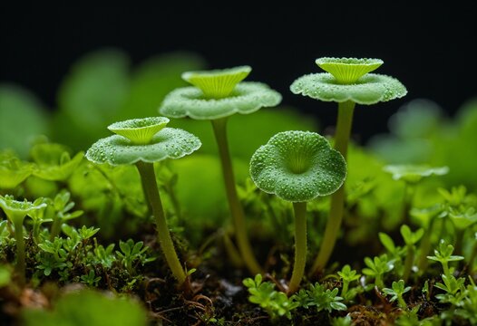 Macro Shot of Liverwort (Marchantia) Reproductive Structures - Umbrella Shaped Gametophores with Dew Drops