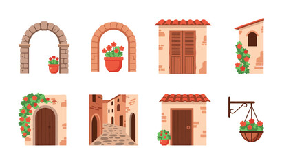 Collection of charming Italian architectural elements with floral accents and rustic charm