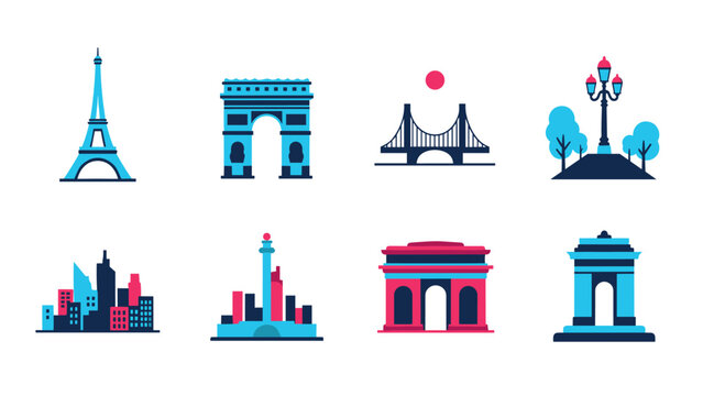 Collection of famous architectural landmarks and city skylines in a flat design style