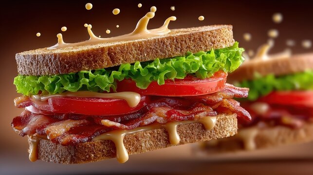 Fresh BLT Sandwich with Creamy Sauce Splash and Bacon
