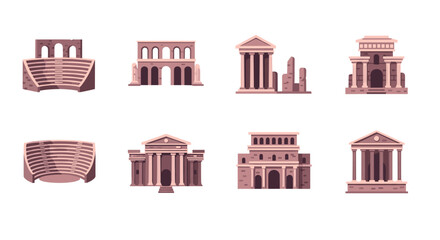 Naklejka premium Collection of ancient Roman architectural structures and amphitheaters in a flat design style