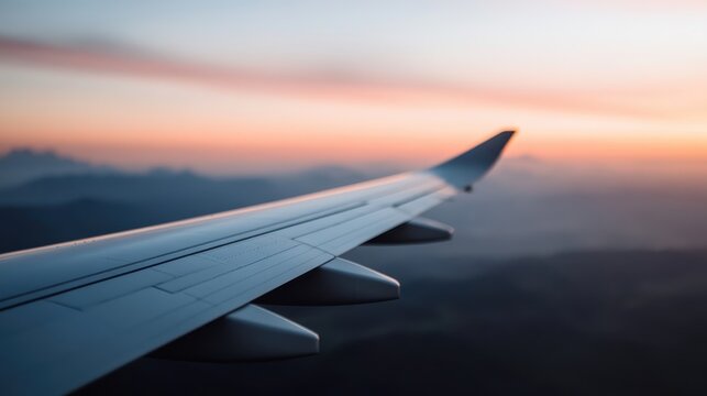 An airplane wing elegantly captures a picturesque sunset view over a mountainous landscape, showcasing the beauty of travel and exploration from a unique perspective.