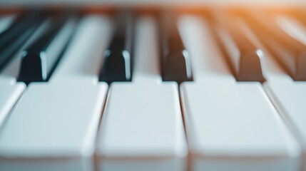A detailed close-up view of piano keys highlights the subtle interplay of light and shadow, evoking emotions tied to music and artistry in a warm ambiance.
