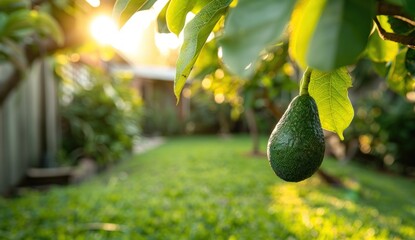 Single avocado on a tree branch, leaves backlit by warm sunset over a backyard lawn