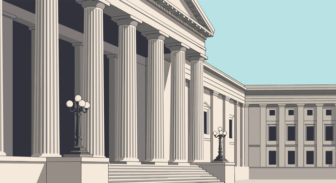 Classical architecture with grand columns and a clear blue sky overhead