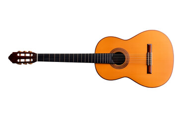 Classical acoustic guitar isolated on transparent background, top view.
