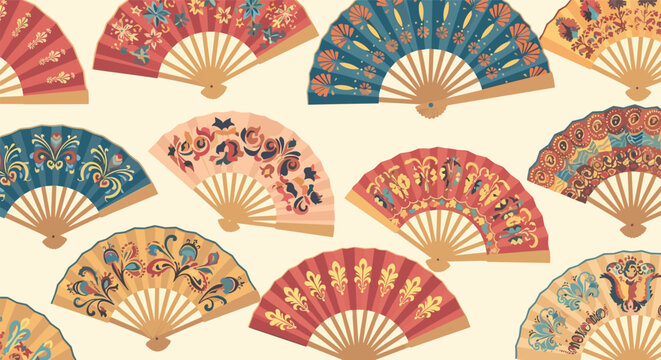 Collection of ornate, colorful folding fans with intricate patterns and designs