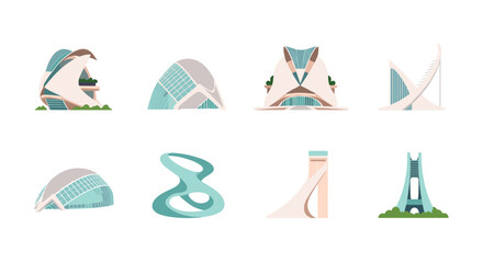 Collection of modern architectural buildings with unique futuristic designs and geometric shapes