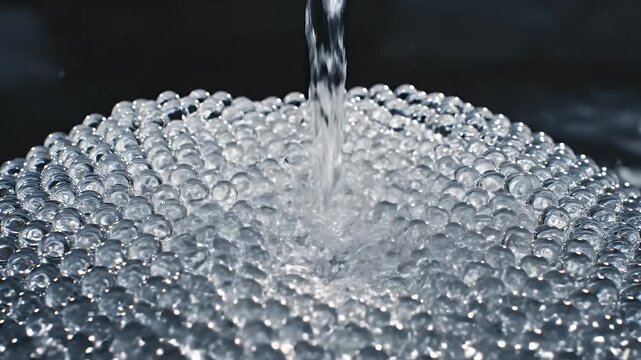 Water stream pouring onto transparent spheres creating ripples and splashes