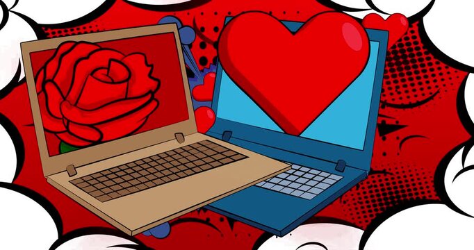 Cartoon Laptop, comic book Notebook with Red Heart and Rose. Retro cartoon comics pop art animation.