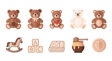 Obraz premium Five teddy bears arranged above five babycraft items