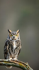 Fototapeta premium Striking wild owl with piercing yellow eyes perched majestically on a tree branch