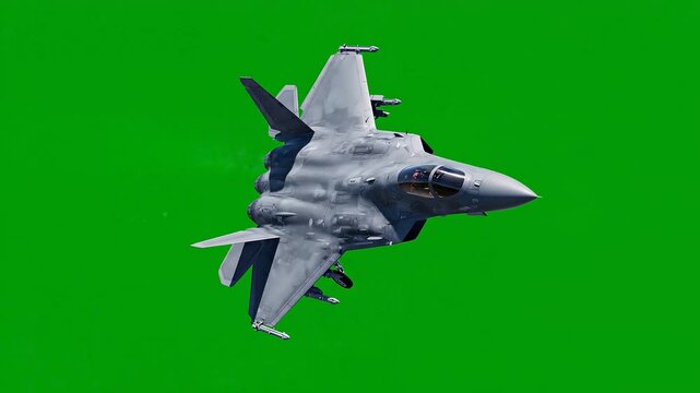 Modern fighter jet flying through green screen background