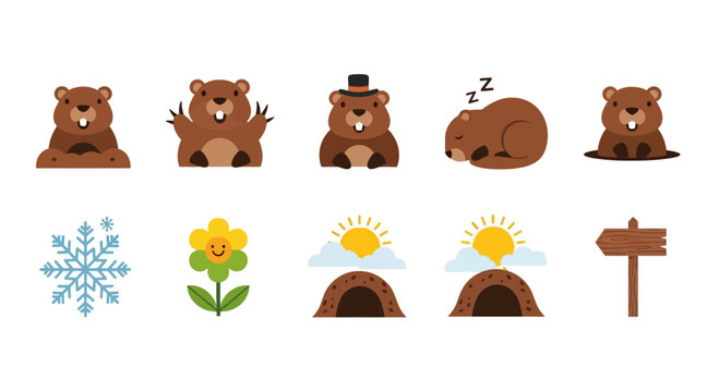 Groundhog Daythemed icons featuring brown groundhogs and seasonal symbols
